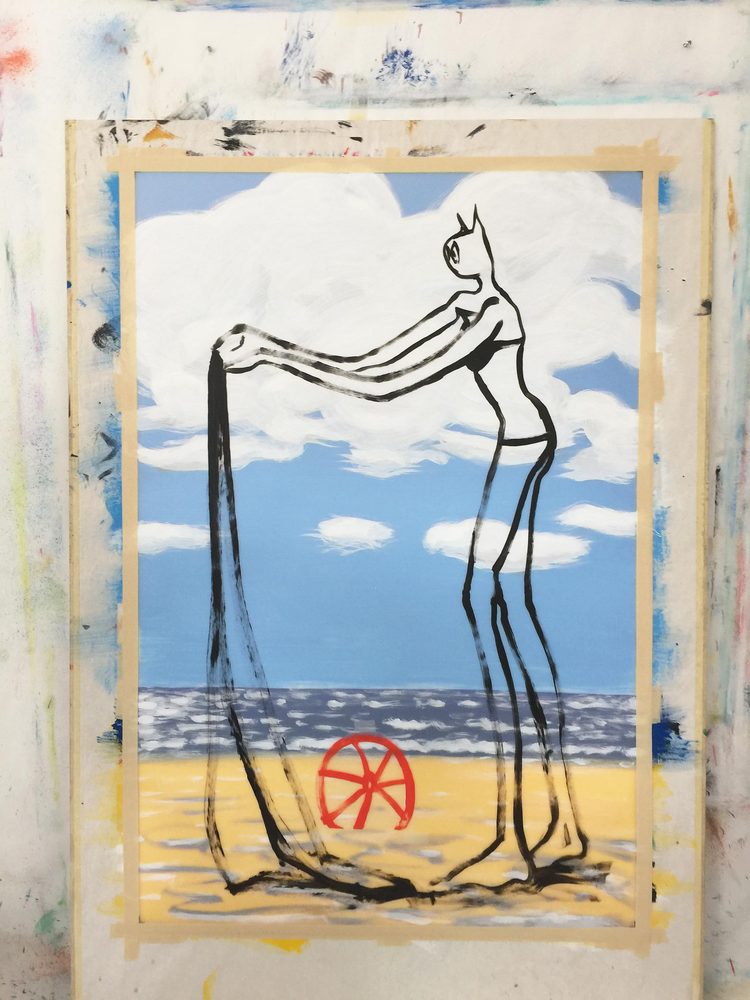 Alain SECHAS - Parasol, 2018 -  Mai 2017, découverte sur les murs de l'atelier de l'artiste du dessin de la sérigraphie "Parasol" réalisé sur autant de calques que de couleurs