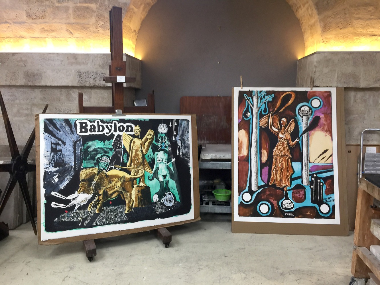 Damien DEROUBAIX - Babylon, 2017 -  Le 12 septembre, les estampes de Damien Deroubaix ont été ramenées de La Force et sont exposés dans l'atelier parisien de Stéphane Guilbaud