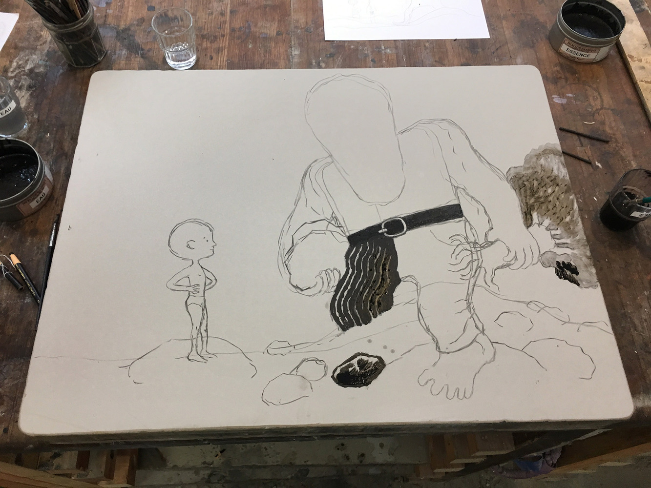 DAVID B - Les Enfants et le Géant, 2017 -  Le 20 juillet 2017 au soir, après avoir terminé la lithographie Trois Fois mon Frère, l'artiste s'attaque à cette nouvelle composition
