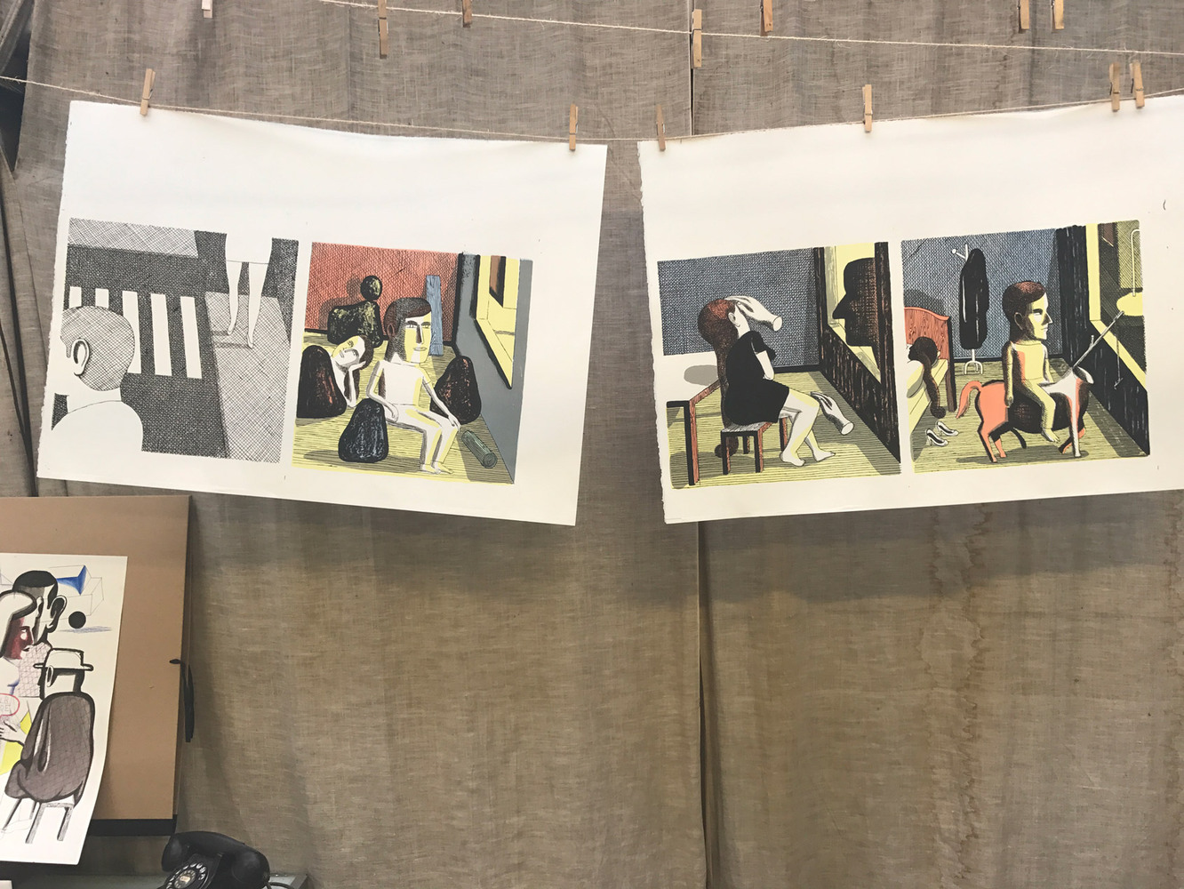 Eric LAMBE - 19M2 - triptyque, 2017 -  Les épreuves séchant dans l'atelier avant découpe du papier