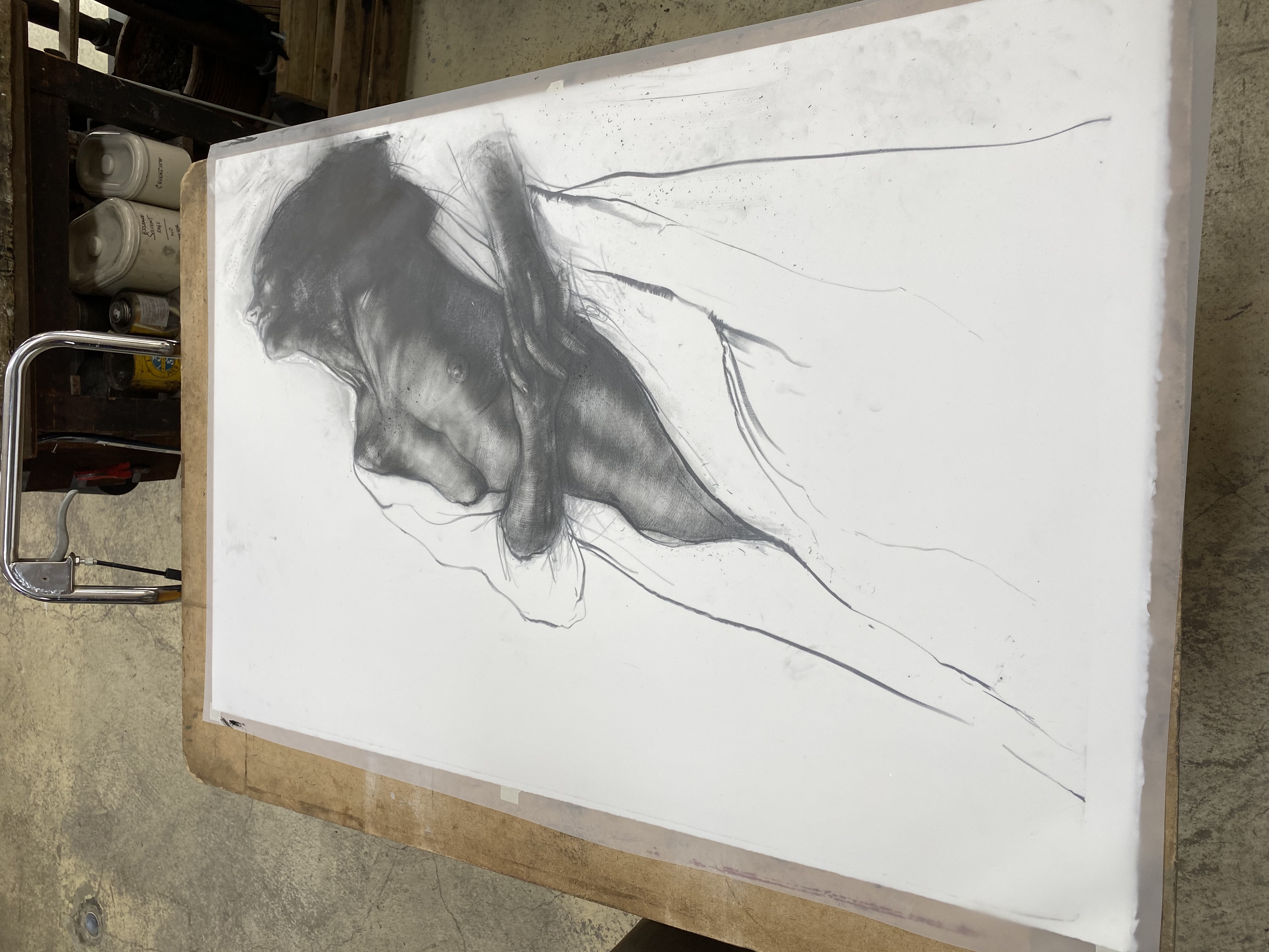 Ernest PIGNON-ERNEST - Extase, 2022 -  Le calque au fusain sur l'impression de la lithographie au noir