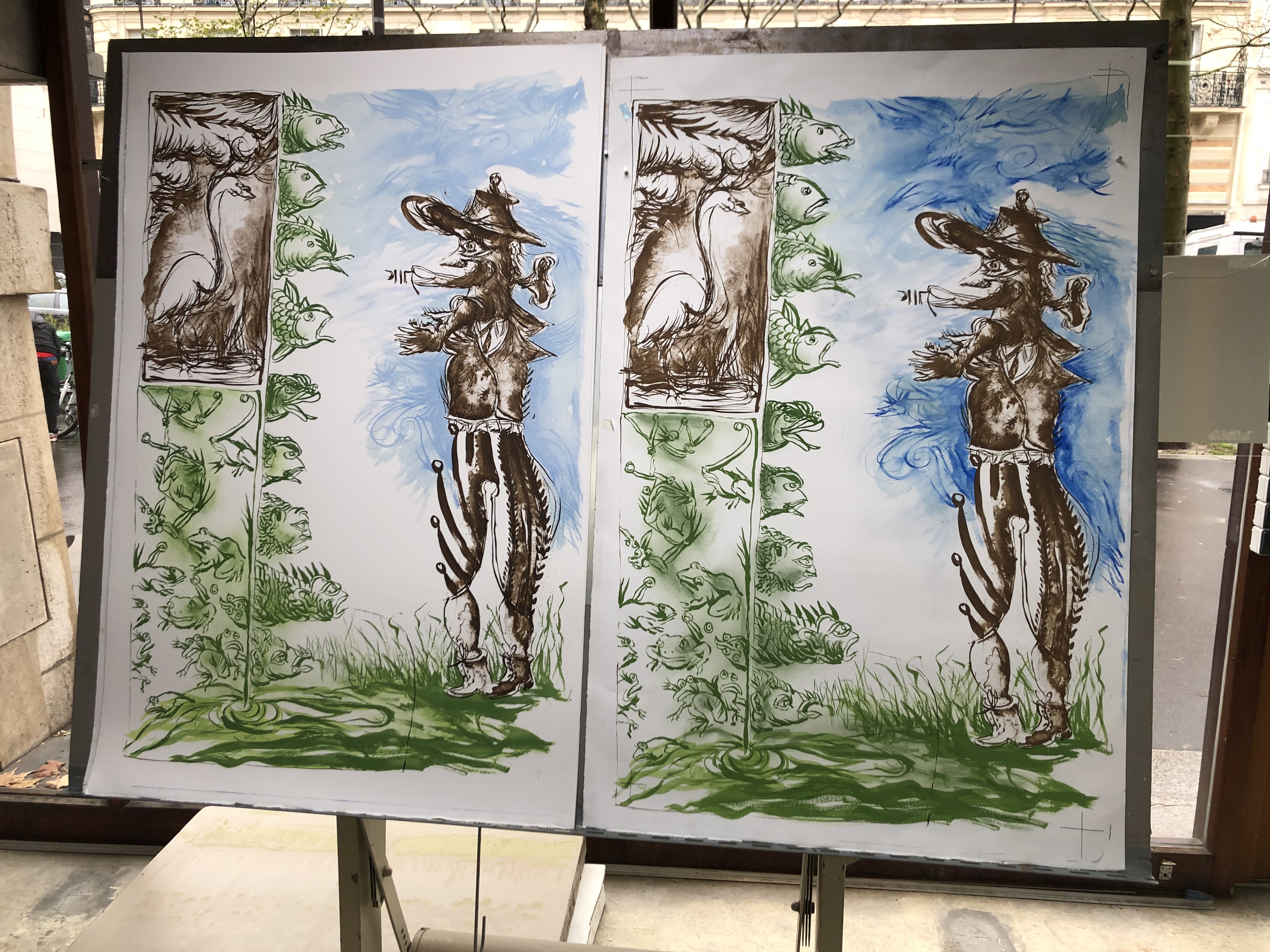 Gérard GAROUSTE - Anagramme, 2020 -  L'artiste a dessiné directement les couleurs sur une épreuve en brun (à droite), à charge au lithographe d'interpréter cette image pour la réalisation de calques insolés sur plaques. Le résultat imprimé est aussi fidèle que l'original !