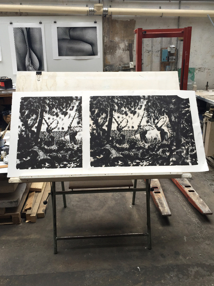 Lorenzo MATTOTTI - Tiepolo 1 (La Danse), 2016 -  Les premiers essais de la lithographie de Lorenzo Mattotti sont placés au tableau avant validation de l'artiste, Paris le 8 juillet 2016