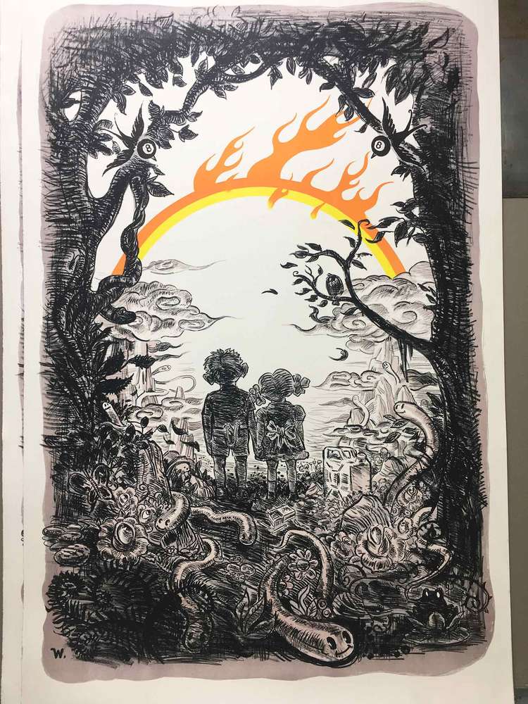 Vincent Parronaud dit WINSHLUSS - Over the Rainbow, 2018 -  Après un noir et deux gris, c'est au tour des deux premières couleurs de l'arc-en-ciel d'être imprimées