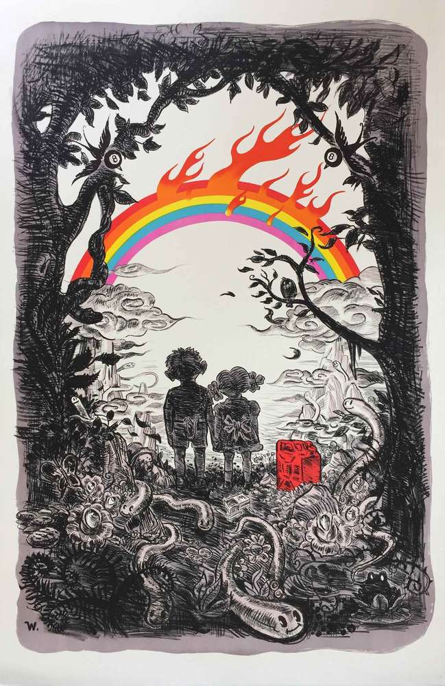 Vincent Parronaud dit WINSHLUSS - Over the Rainbow, 2018 -  Premiers essais des deux dernières couleurs de l'arc-en-ciel, encore quelques calages et l'estampe est terminée