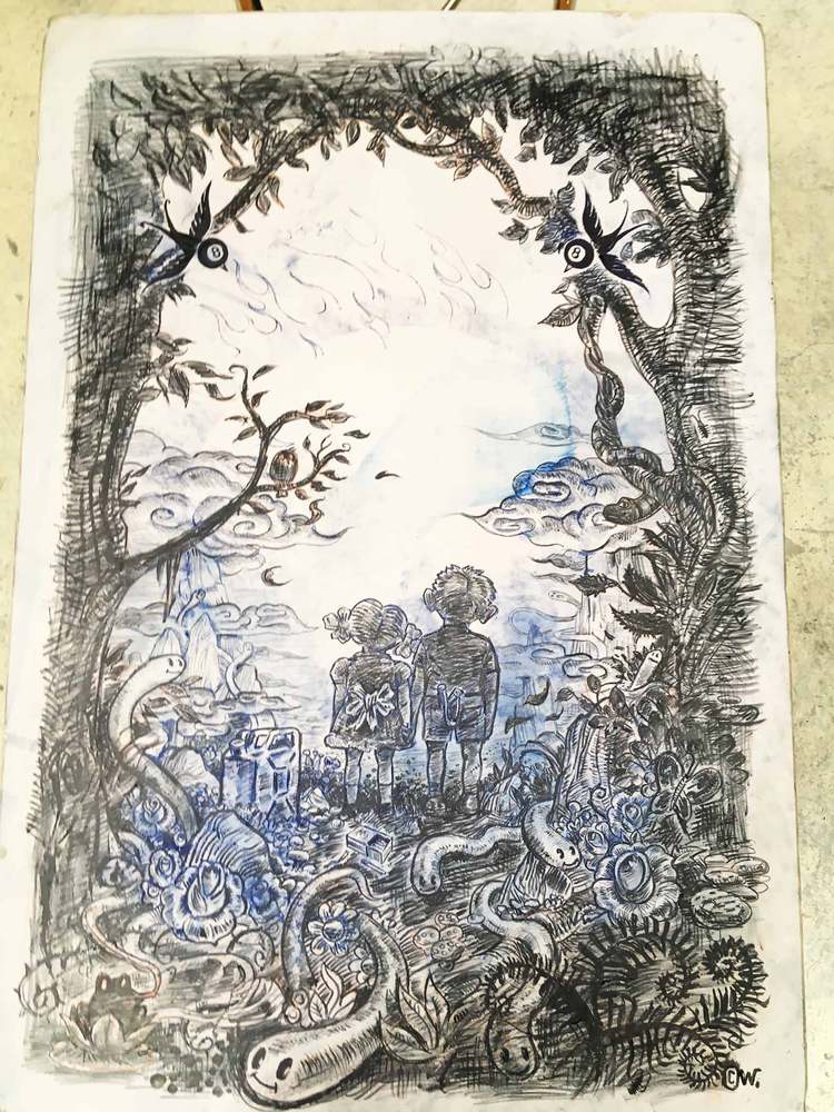 Vincent Parronaud dit WINSHLUSS - Over the Rainbow, 2018 -  Le dessin est terminé, la pierre va être préparée avant impression