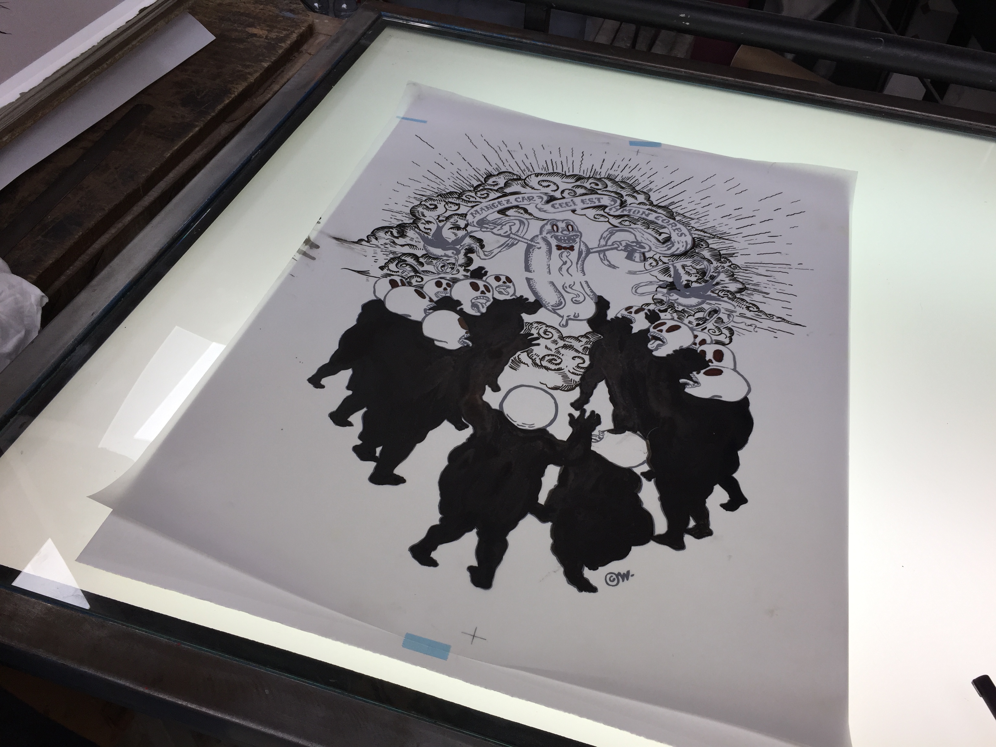 WINSHLUSS - Ceci Est Mon Corps, 2018 -  Pour les couleurs, Winshluss a réalisé des calques qui seront ensuite insolés sur plaques